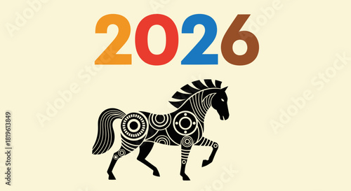 Stylized horse illustration representing the year 2026 in vibrant colors  