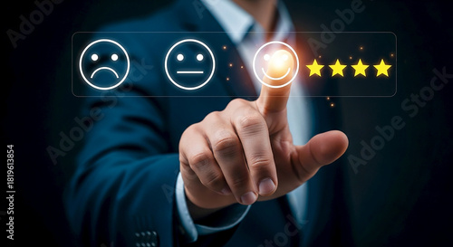 Person pressing a glowing happy face on a rating scale with stars in a dark blue background