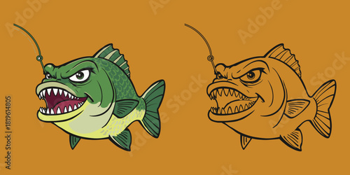 Cartoon green fish with sharp teeth and fishing hook on orange vactor background and outline fish