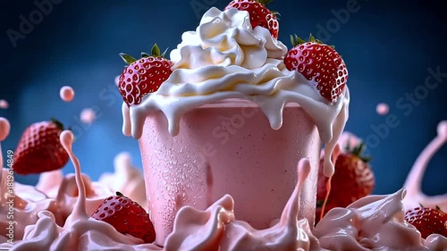 Dynamic splash of a rich strawberry milkshake topped with fresh whipped cream and whole strawberries against a dark background.