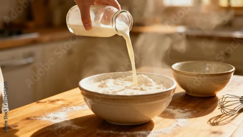 Man pouring milk from bottle into bowl of flour on wooden counter, preparing dough for baking, cooking in kitchen.