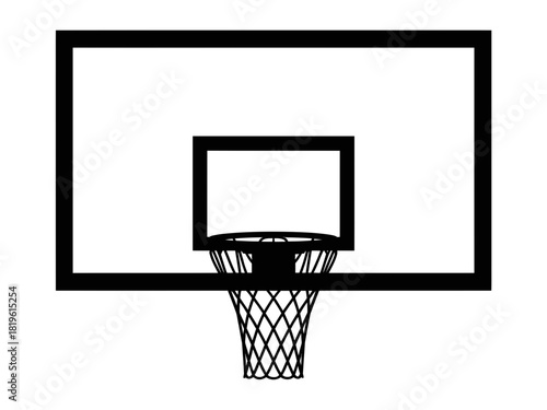 A black and white illustration of a basketball hoop and backboard