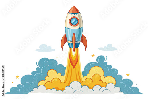Cartoon Rocket Launch Vector Illustration with Clouds and Fire Isolated on Transparent Background
