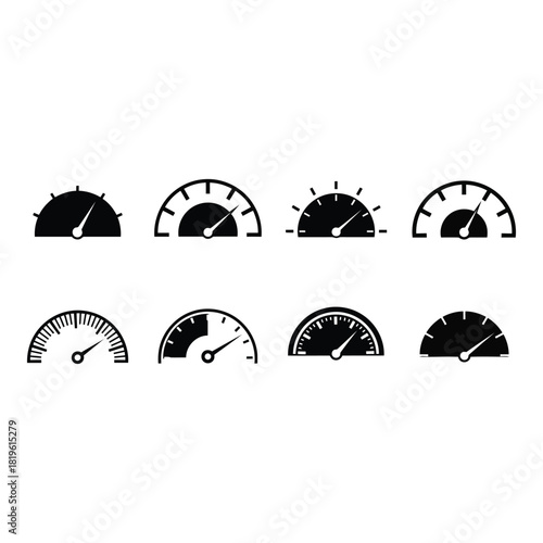 Collection of eight different black speedometers and gauges icons on white background
