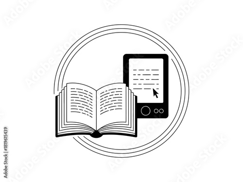 Illustration of an open book and an e reader inside two circles