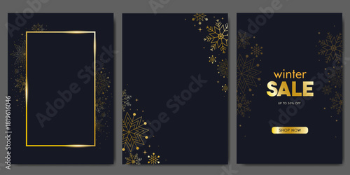 Elegant winter sale banner with luxurious golden snowflakes on a dark background. Perfect for holiday promotions, seasonal marketing campaigns, online ads, and stylish winter event announcements.