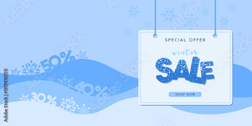 Winter sale banner with snowflakes, soft blue waves, and discount percentages. Elegant seasonal design perfect for holiday promotions, special offers, Christmas sales, and digital marketing campaigns.