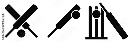 Crossed Cricket Bat and Ball Icon Set – Sports Equipment Silhouette Vector 
Collection