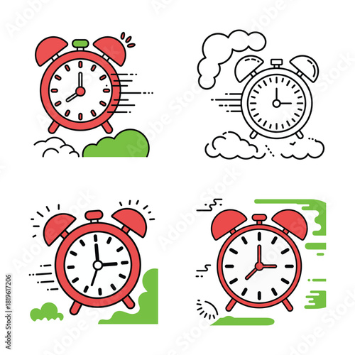 Four alarm clocks in flat design style with motion lines and green abstract shapes vactor