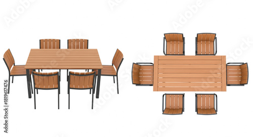 Modern Wooden Slat Patio Dining Sets with Perspective and Top Views