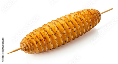 Potato spiral tornado snack on a stick, isolated on white, clean commercial stock photo style.