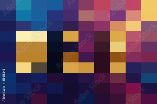Abstract pixelated mosaic background featuring a dark blue, purple, and gold color palette with blocky letter shapes