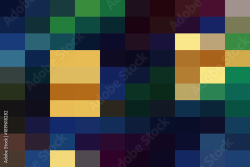 Abstract digital mosaic featuring dark blue, green, and yellow rectangular blocks creating a pixelated, lowresolution visual effect