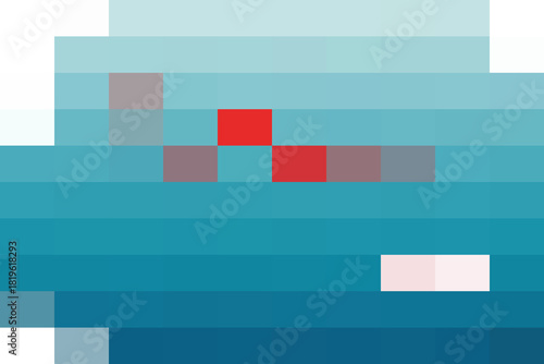 Abstract pixelated representation of a stylized aquatic scene featuring shades of blue and prominent red square accents suggesting movement or focus