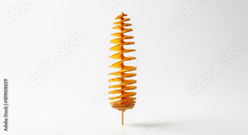 Potato spiral tornado snack on a stick, isolated on white, clean commercial stock photo style.