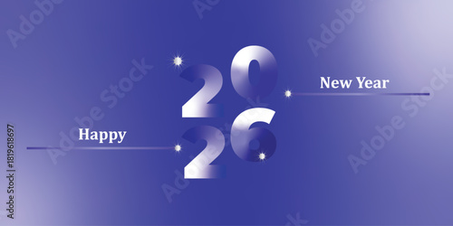 Futuristic 2026 Happy New Year greeting with bold metallic numbers and vibrant purple-blue background