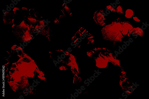 Bloody Footprints and Shoe Prints on Black Background