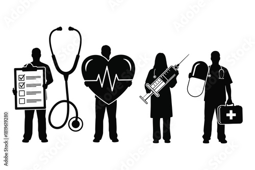 Healthcare professionals teamwork and medical treatment icons black and white