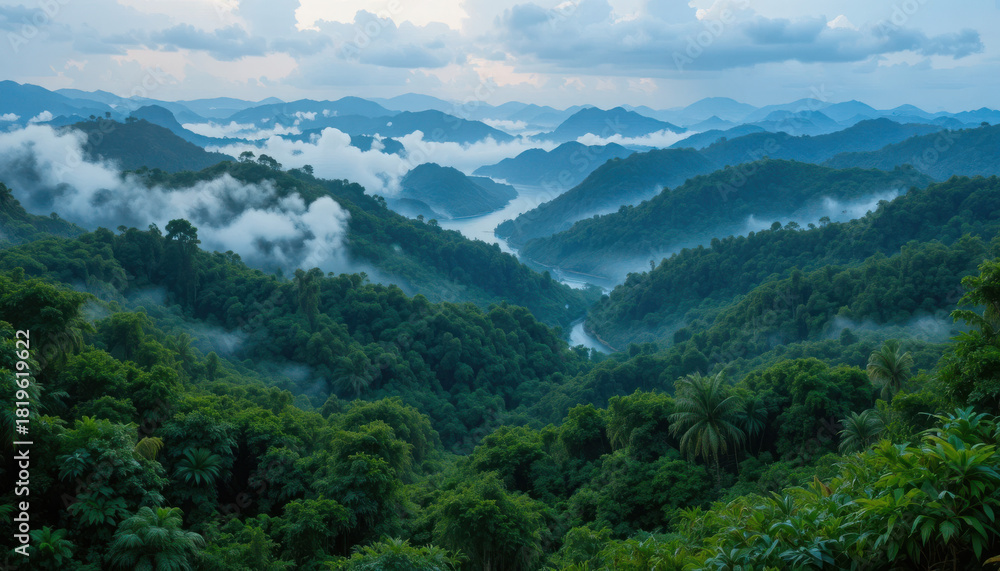 Obraz premium Aerial view of misty mountains with dense vegetation