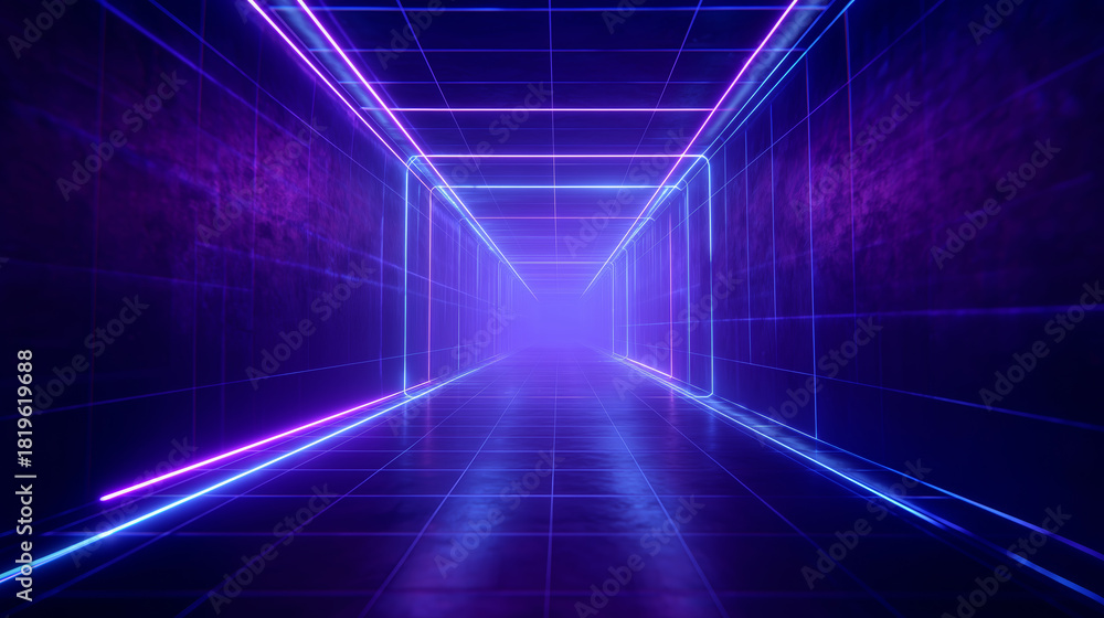 Fototapeta premium A corridor filled with glowing neon lights creates a captivating ambiance. The futuristic design features bright purple and blue hues that enhance the sense of depth and space, inviting exploration