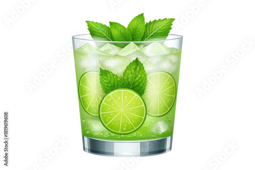 Lime Cocktail Glass with Ice and Mint Leaves Vector Illustration Isolated on Transparent Background