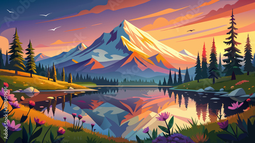 Very beautiful panoramic landscape of Mount Hood at sunrise, with golden light illuminating the peak, vibrant summer wildflowers, and perfect glass-like reflections on Lake Trillium, set within the se