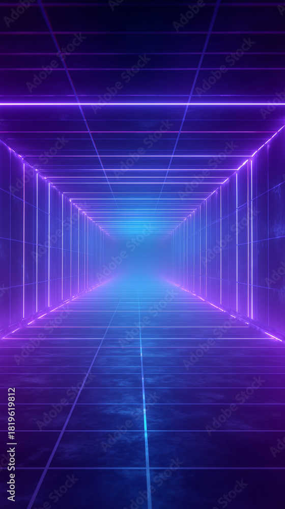Fototapeta premium Bright neon lights outline a tunnel, creating a captivating view. The purple and blue hues create a sense of depth, giving an impression of movement within a digital space