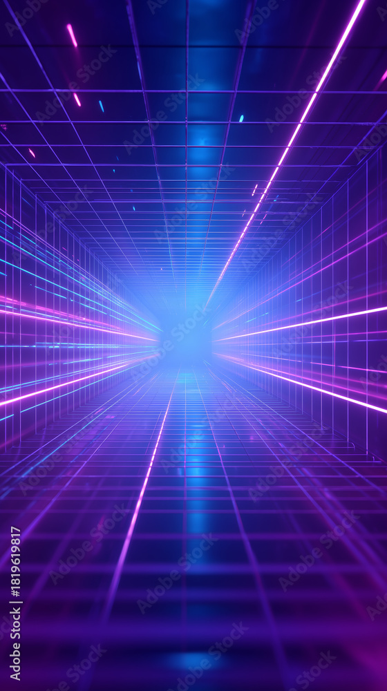 Fototapeta premium A stunning digital scene features glowing neon lines radiating in all directions, forming an endless tunnel