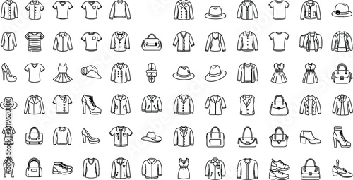 Collection of vactor black and white line art icons depicting various clothing and accessories