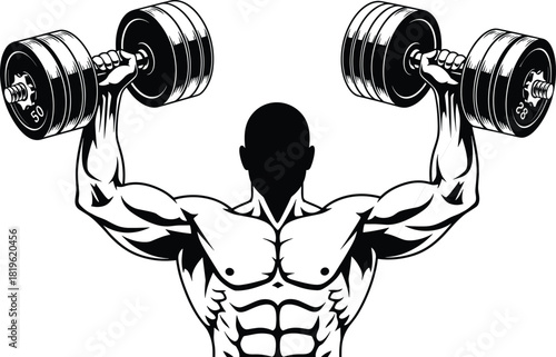 Muscular Bodybuilder Lifting Heavy Dumbbells Vector Illustration, Strong Man Fitness Workout Graphic, Gym Training and Weightlifting Concept Art, Ripped Physique and Power Design, Isolated on White