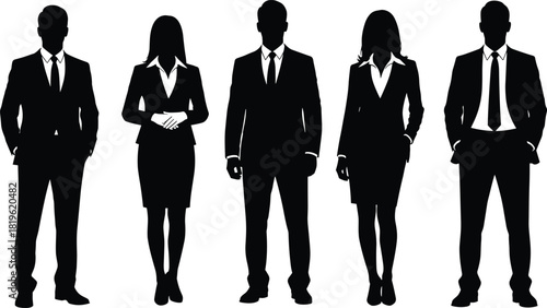 Business People Silhouettes Vector Set, Diverse Professional Men and Women in Suits, Corporate Team Outline Illustration, Executive Staff Group, Isolated on White Background