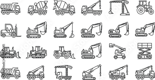 Construction Heavy Machinery Line Icons Vector Set, Building Equipment Graphics, Dump Truck, Crane, Excavator, and Bulldozer Outline, Industrial and Engineering Symbol Collection