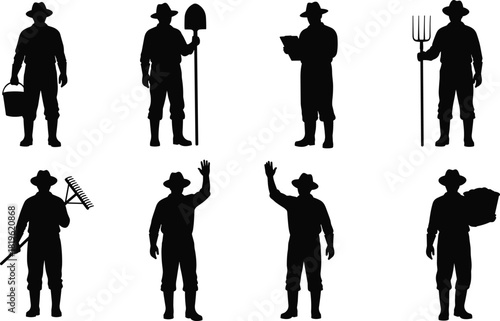 Farmer and Gardener Silhouettes Vector Set, Agricultural Workers with Shovel, Rake, and Pitchfork Tools, Farming Occupation Graphic, Harvest and Labour Design, Isolated on White Background