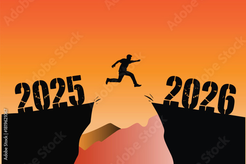 Man Jumping From 2025 to 2026 in a Festive New Year Concept Featuring Dynamic Celebration Movement, Bright Holiday Elements, and Bold Typography Illustrated in a Modern Colorful Vector Banner Style
