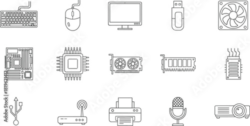 Computer Hardware and Peripheral Line Icons Vector Set, PC Components, Motherboard, CPU, Graphics Card, and Input Devices Outline, Technology and Computing Graphic