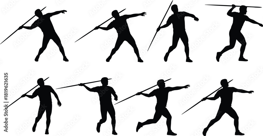 Obraz premium Javelin Thrower Silhouettes Vector Set, Track and Field Athletes in Throwing Poses, Dynamic Sport Action Graphic, Athletics Competition and Training Design, Black Monochrome on White