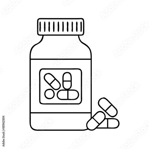 Pill bottle with various capsules and tablets, representing medicine, health, and pharmacy, white