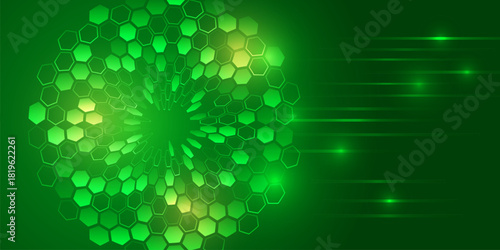 Bright green tech background with a glowing circular hexagon pattern and dynamic light streaks, creating a futuristic digital energy effect.