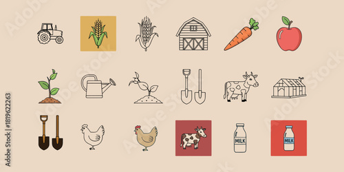 Collection of farm icons including tractor barn cow chicken and produce vactor agriculture