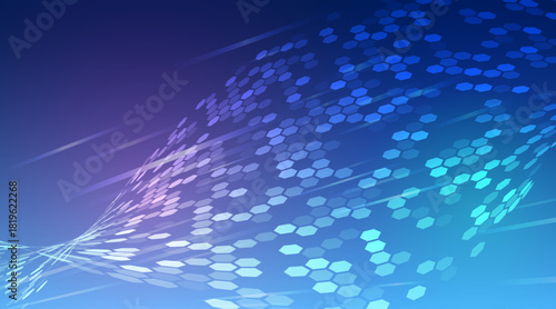 Dynamic blue gradient background with flowing hexagonal patterns and motion streaks, creating a futuristic digital and high-tech atmosphere.