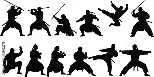 Samurai and Martial Arts Action Silhouettes Vector Set, Warrior with Katana Sword and Kick Fight Poses, Ninja Combat and Kung Fu Graphic, Dynamic Asian Fighter Design, Isolated on White