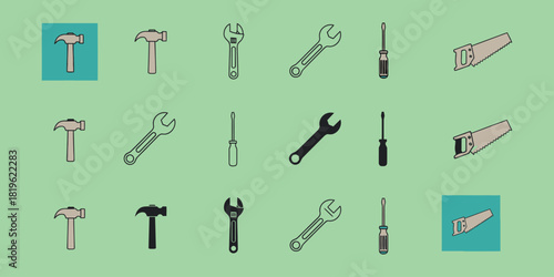 Collection of illustrated tools including hammers wrenches screwdrivers and saws on a light green vactor background