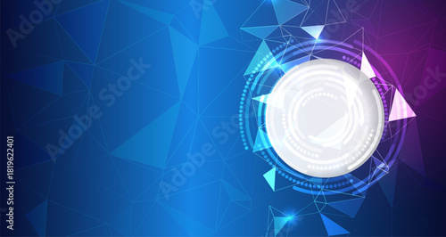 Futuristic abstract background with glowing geometric shapes, circular digital interface, and vibrant blue-purple gradient, creating a high-tech, modern visual atmosphere.