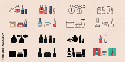 Collection of cosmetic product icons including lipstick perfume cream and nail polish vactor