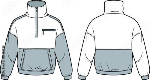 Color-block pullover jacket technical flat sketch with front and back views, zipper and pocket details, cad drawing flat vector illustration design