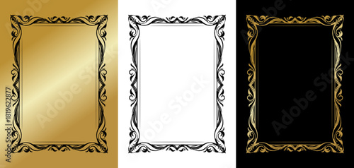 Elegant Ornamental Frame Set, isolated monochrome vector image, three variants on gold, transparent, and black backgrounds