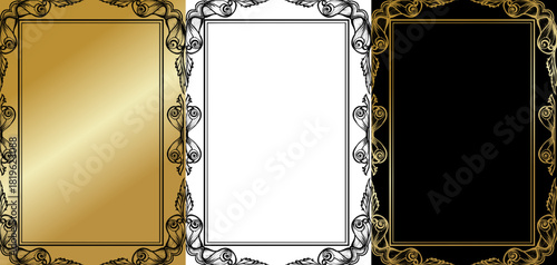 Vintage Ornamental Border Frames with Engraved Details, isolated monochrome vector image, three variants on gold, transparent, and black backgrounds  
