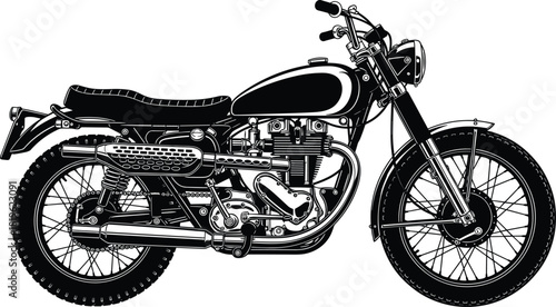 Vintage Classic Motorcycle Silhouette Vector Illustration, Detailed Retro Motorbike Graphic, Old School Scrambler or Cafe Racer Outline, Biker Transport and Nostalgia Design, Isolated on White