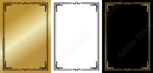 Premium Embellished Frame Set with Fine Detailing, isolated monochrome vector image, three variants on gold, transparent, and black backgrounds