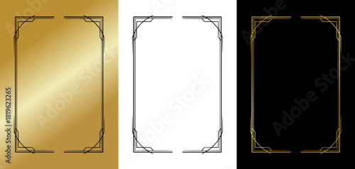 Thin Elegant Linear Frames with Subtle Curved Corners, isolated monochrome vector image, three variants on gold, transparent, and black backgrounds